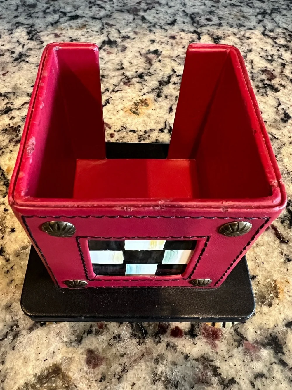 MacKenzie-Childs Vintage Red Leather & Enamel Notepad cube holder. With notepad.